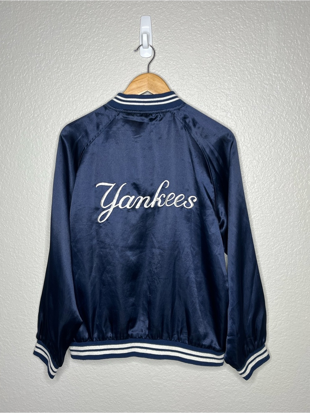 New York Yankees Navy Blue Satin Bomber Varsity Jacket Embroidered MLB Large